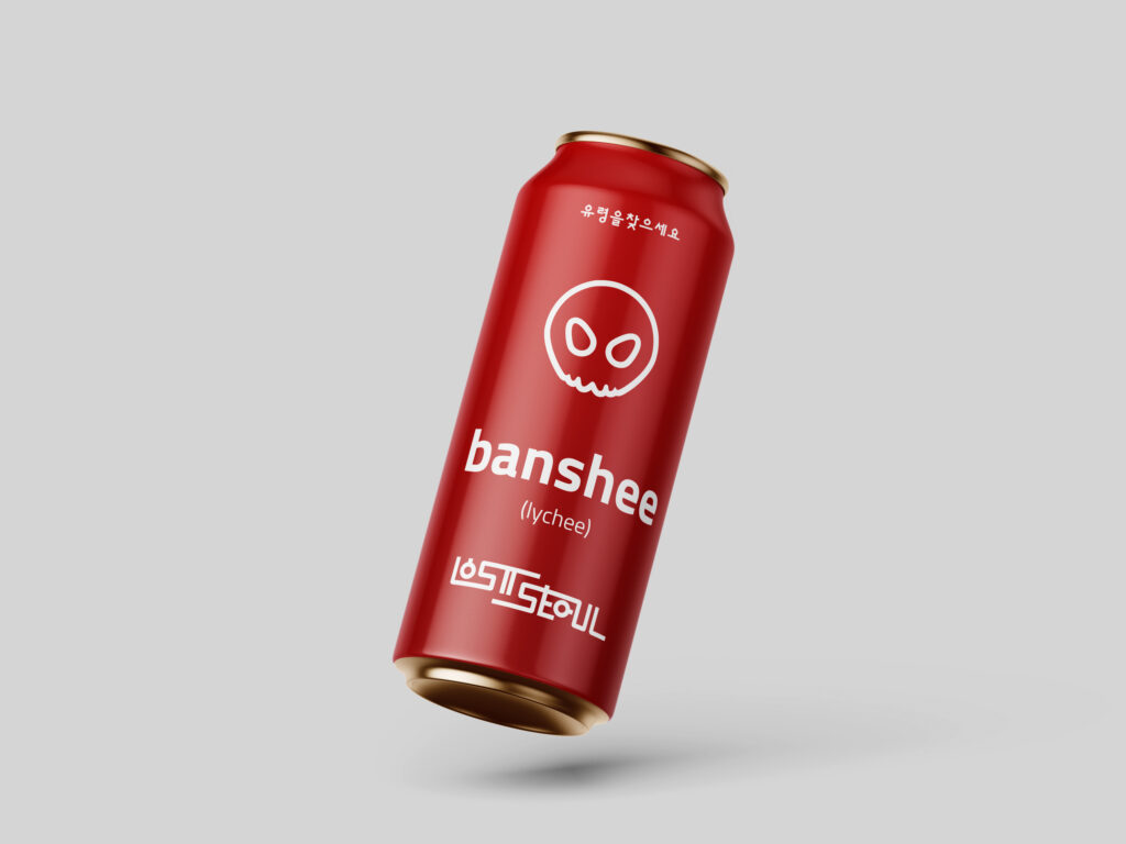Red drink can with an illustration of a banshee on it
