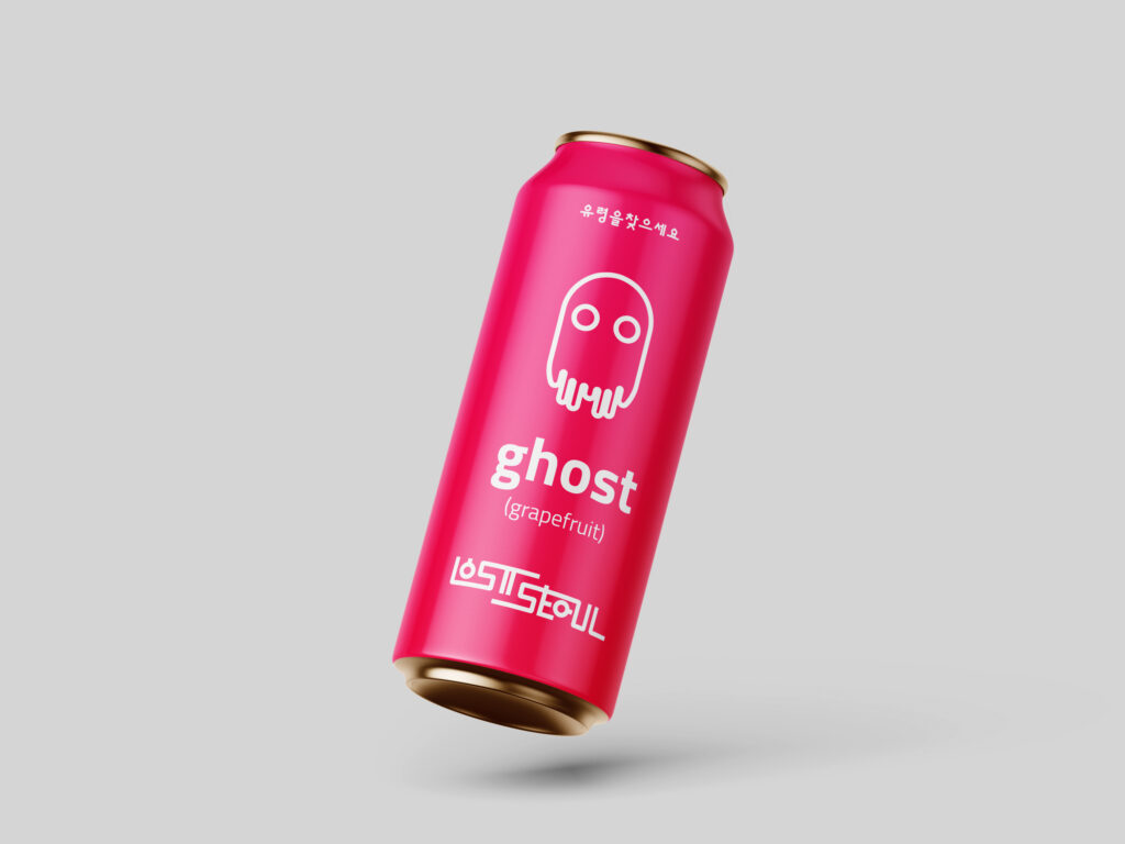 Pink drink can with an illustration of a ghost on it