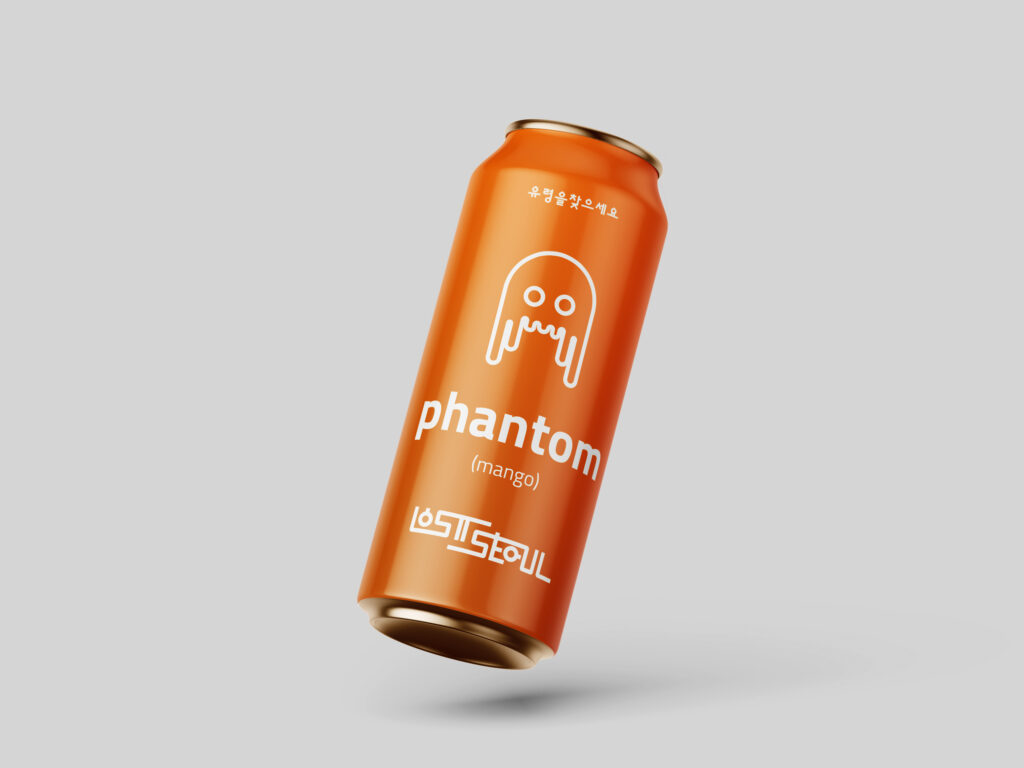 Orange drink can with an illustration of a phantom on it