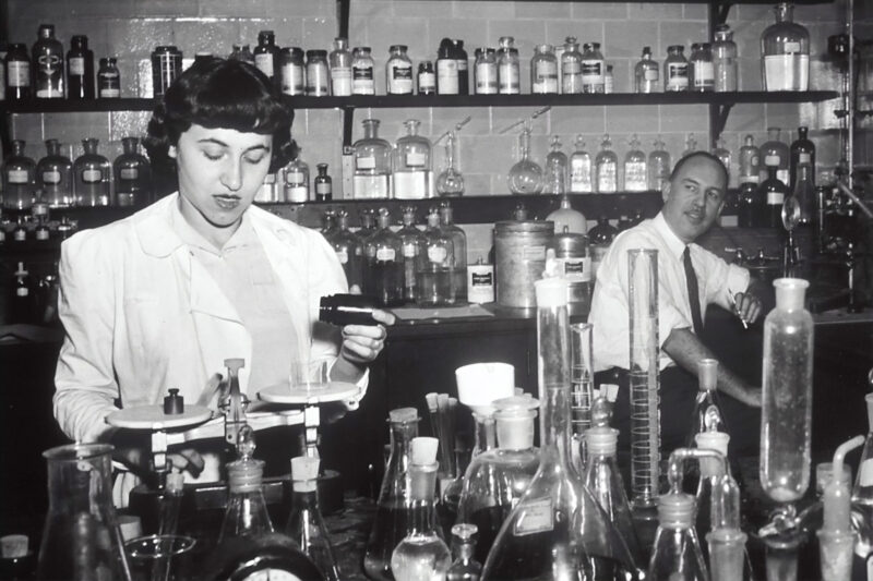 A lab with two scientists and test equipment